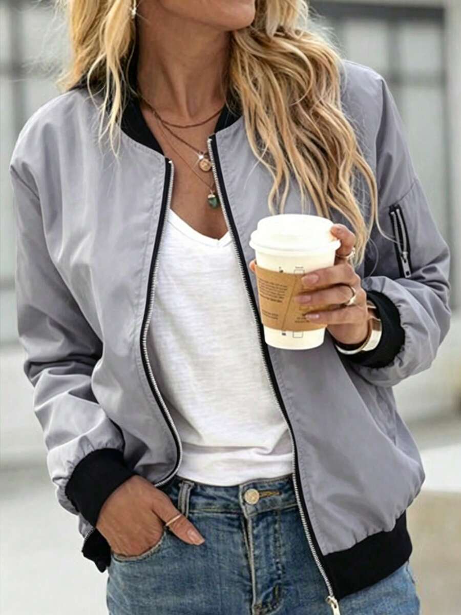 Jaket Ringan Wanita Kasual Musim Semi/Gugur dengan Kerah Baseball dan Resleting - Light Grey - View 1