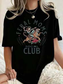Camiseta de moda de talla grande para mujer, camiseta casual estampada con el diseño " Moms Cowgirl Riding Tiger", adecuada para todas las estaciones, camiseta de uso casual, material cómodo, regalo perfecto, elección de moda. - Negro - Ver 1