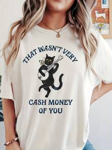 Women's Graphic Tee With Cat Playing Guitar Design - Slogan "That Wasn't Very Cash Money", Lightweight Casual Short Sleeve Crew Neck Top For Summer And Spring, Machine Washable, Cat Tee - 白色 - 查看 1