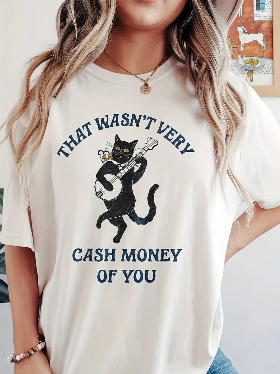 Women's Graphic Tee With Cat Playing Guitar Design - Slogan "That Wasn't Very Cash Money", Lightweight Casual Short Sleeve Crew Neck Top For Summer And Spring, Machine Washable, Cat Tee - 白色 - 查看 1