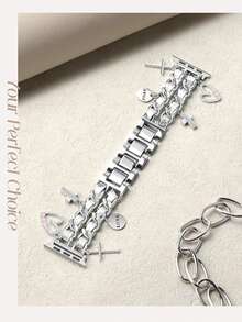1PC Luxury Silver Multi-Layer Cuban Link AppleWatch Band, Bling Rhinestone Heart & Circle Charm Strap, Compatible With Ultra/SE/11/10/9/8/7/5/4/3/2/1 Series, And Ultra2/Ultra/SE/38/40/41/42/44/45/46/49mm, Fashion Metal Double Chain Heart-Shaped Key Pendant Watch Strap,Can Be Used As A Bracelet Or Wristband As A Gift For Girlfriends, Suitable For Occasions Such As New Year, Christmas, Birthdays, Etc. Band Only, Watch And Case Not Included - Silver - View 2