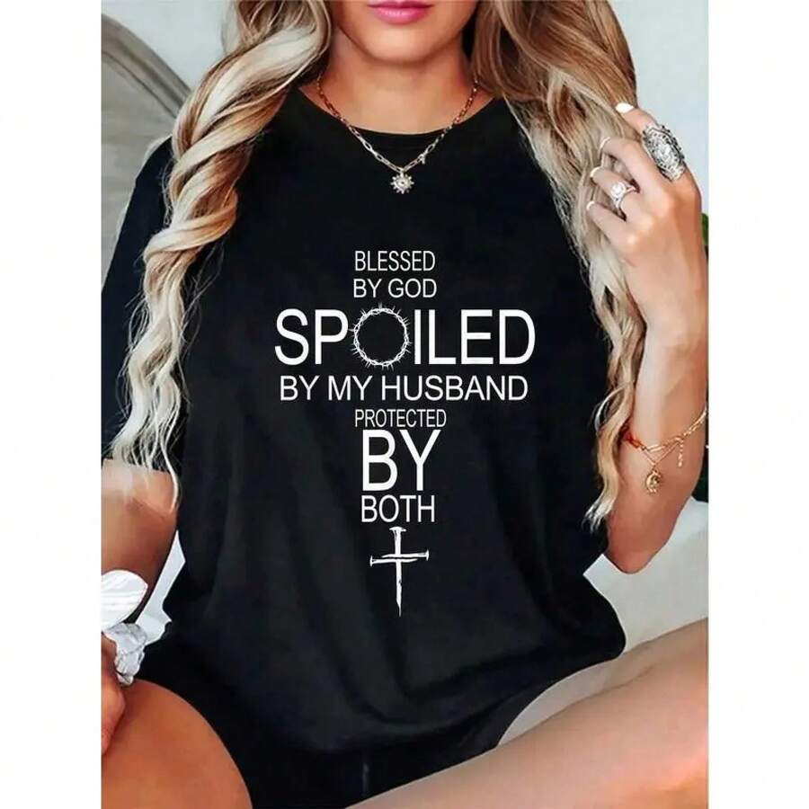 Camiseta de Verano Premium Estampada para Mujer 100% Algodón Camiseta con la Frase 'By God Spoiled By My Husband Protected By Boths' - Negro - Ver 1
