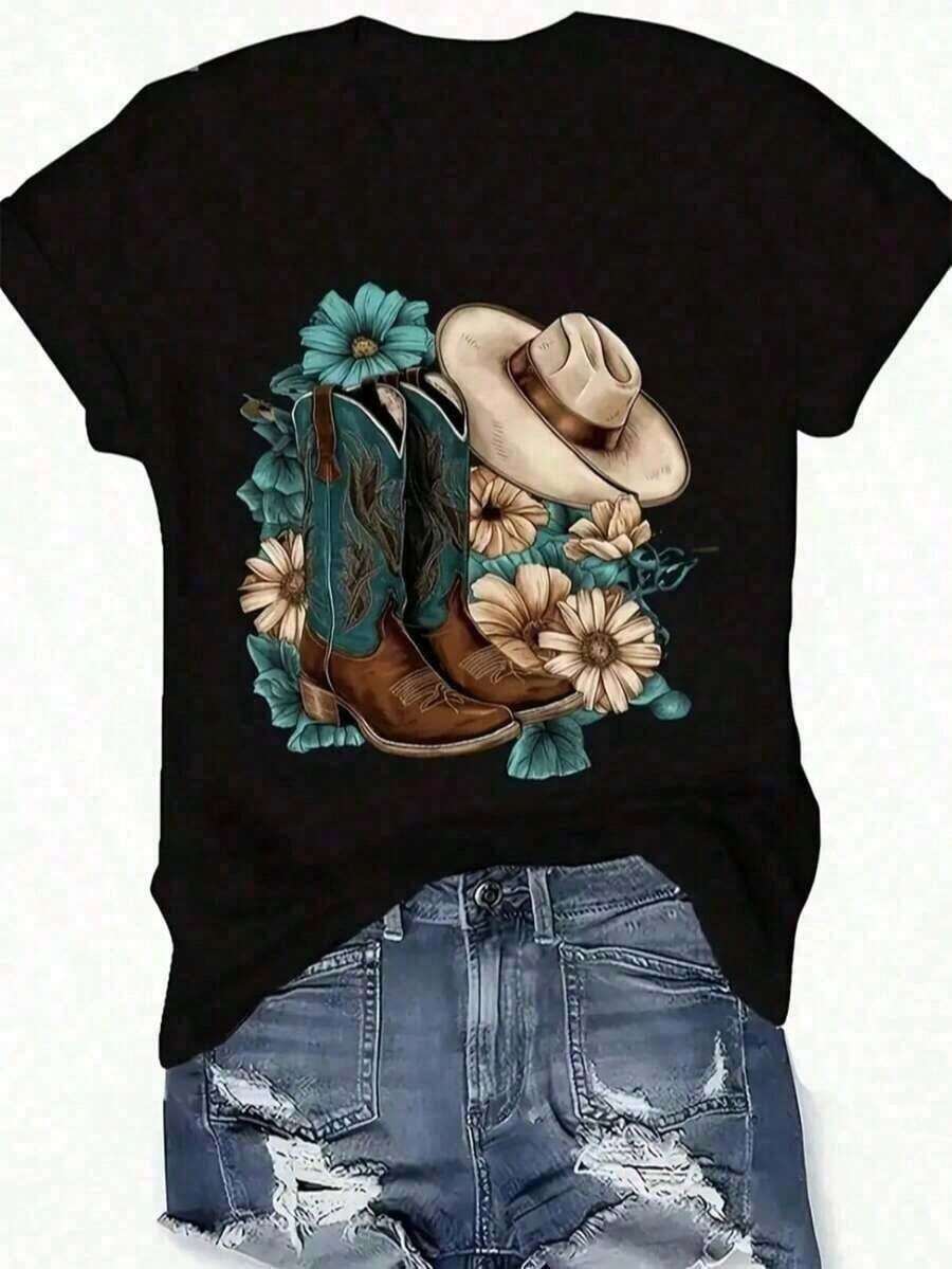 short-sleeveCamiseta playera gráfica dama mujer manga corta cuello ondo casual cómoda fresca ligera moderna juvenil corte regular estampado botas vaqueras flores flor floral sombrero femenina cowboy,Playera mujer estampada verano Blusas Bonito 100% Cotton100% Cotton - Negro - Ver 1