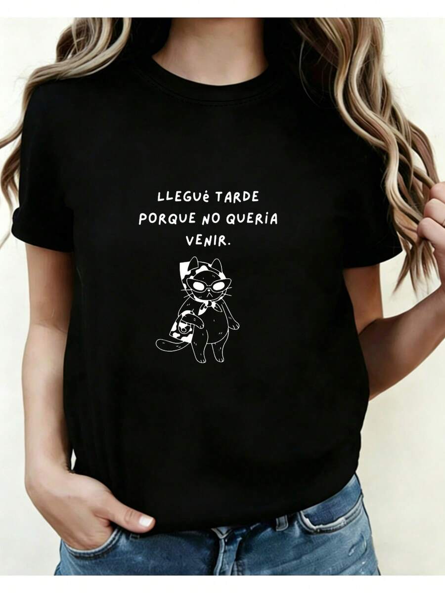 New 2026 Collection Slim Cotton T-Shirts Arrived Late Because I Didn't Want To Wait Letter Print T-Shirt Short Sleeve Round Neck Casual Top For Summer And Spring Women's Clothing Pixianai (1)01 Casual Short Sleeve Round Neck Top For All Seasons Nice - 黑色 - 查看 1