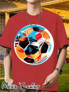 [Popular Licensed Design] Short-Sleeved T-Shirt With "Color Block Mosaic Style" Print, Artistic And Fashionable Outfit, Perfect For Casual Dinners And Sightseeing Walks, Football Collage Art Style, Suitable For Art Exhibitions, Casual Daily Wear, Student Outings And As A Gift For Football Art Fans. - 紅色 - 查看 9