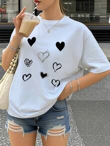 Women's Casual Summer T-Shirt, Short Sleeve Round Neck T-Shirt, Vintage Small Heart Print, Comfortable, Soft, Breathable, New Spring/Summer T-Shirt, Versatile Casual Top For Vacation And Daily Wear. - 黑色 - 查看 9