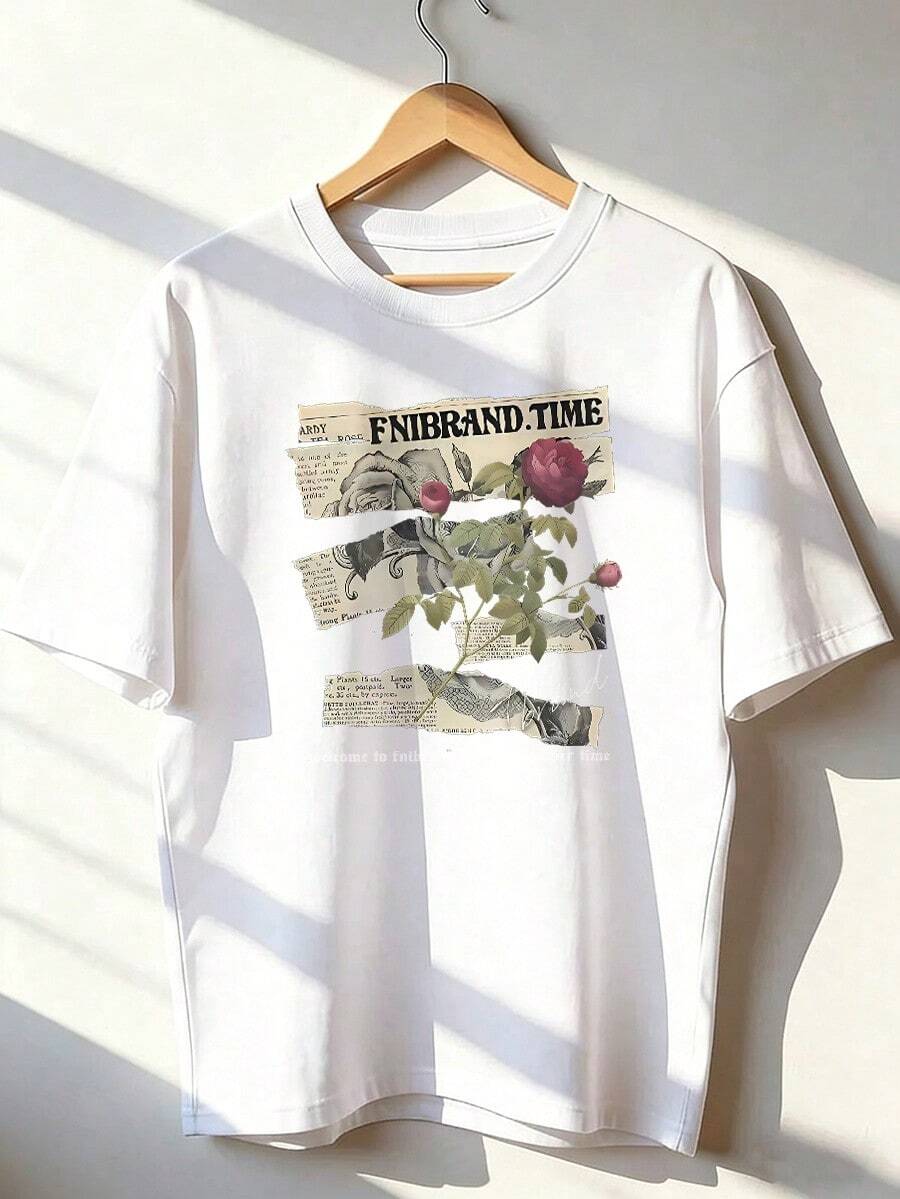 T-Shirt With Rose And Retro Newspaper Design, Fashionable Short-Sleeved T-Shirt For Spring And Summer 2026, Made In Mexico, 180 Grams. Cartoon Print, Couple Design, Suitable For Indoor Or Outdoor Wear. Crew Neck, Unisex, Ideal For Office And Leisure. One-Pack. - WH-P631577SLNDXZGY581 - 查看 1