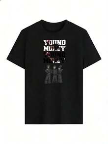 T-Shirt With "YOUNG MONEY" Text And Urban Figures,  Short-Sleeved T-Shirt For Spring And Summer 2026, Made In Mexico, 180 Grams. Cartoon Print, Couple Design, Suitable For Indoor Or Outdoor Wear. Crew Neck, Unisex, Ideal For Office And Leisure. One-Pack. - BK-P631577SLNDXZGY596 - 查看 2