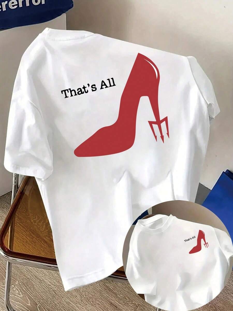 Camiseta de Verano Premium Estampada para Mujer [Doble Estampado en la Parte Delantera y Trasera] Camiseta de Manga Corta - ¡Eso es todo! Estampado Moderno de Tacones Altos Rojos - Camiseta Estampada de Moda para Mujer Primavera/Verano, Artículo de Moda - Blanco - Ver 1