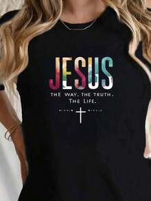Camiseta Blanca con Estampado de Jesús, La Vía, La Verdad, La Vida y Cruz Arcoíris, Declaración de Fe Cristiana, Ropa Casual para Mujer, Atuendos Diarios, Eventos de Iglesia, Playera mujer manga corta casual - Negro - Ver 7