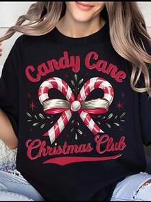 Women's T-Shirt, Christmas Party T-Shirt With Candy Cane Design, Christmas Sweater For Women, Christmas Gift Top, Festive Clothing, Seasonal Outfit, Christmas Party Shirt. - 黑色 - 查看 7