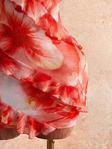 2026 Nuevo vestido de mujer con escote sexy, estampado floral y cuello halter, con diseño de volantes en el borde, estilo Y2K revival, estilo dulce y picante, look de vacaciones, para adultos jóvenes, tela transparente, ajuste ceñido, ligero.Adec - Naranja - Ver 3