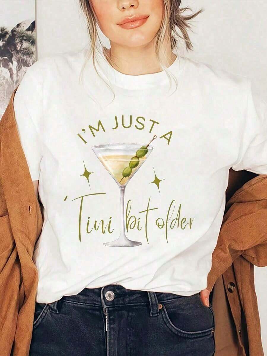 1 Piece Printed Cotton T-Shirt - Women's T-Shirt 'Martini I'Just A 'Tini Bit Older Drinking Birthday', Summer Tops Y2K, Men's Plus Sizes S To 5XL, Soft Summer T-Shirt. - 白色 - 查看 1