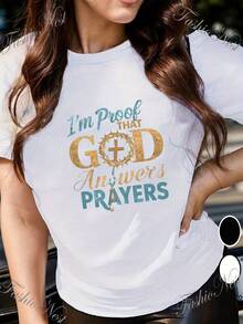 Women's Inspirational T-Shirt With "I Am God's Answer To Prayer" Print - Casual Loose-Fitting T-Shirt With Short Sleeves And A Round Neck With A Cross Design, Breathable For Summer, Suitable For Everyday Wear And Parties, Machine Washable, Comfortable For Daily Wear, R - 白色 - 查看 1
