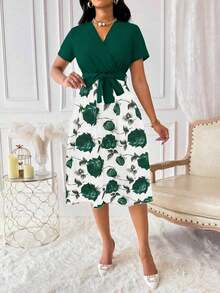 Vestido de mujer con cuello en V y cinturón, manga corta, vestido largo de verano para mujer - Verde Oscuro - Ver 4