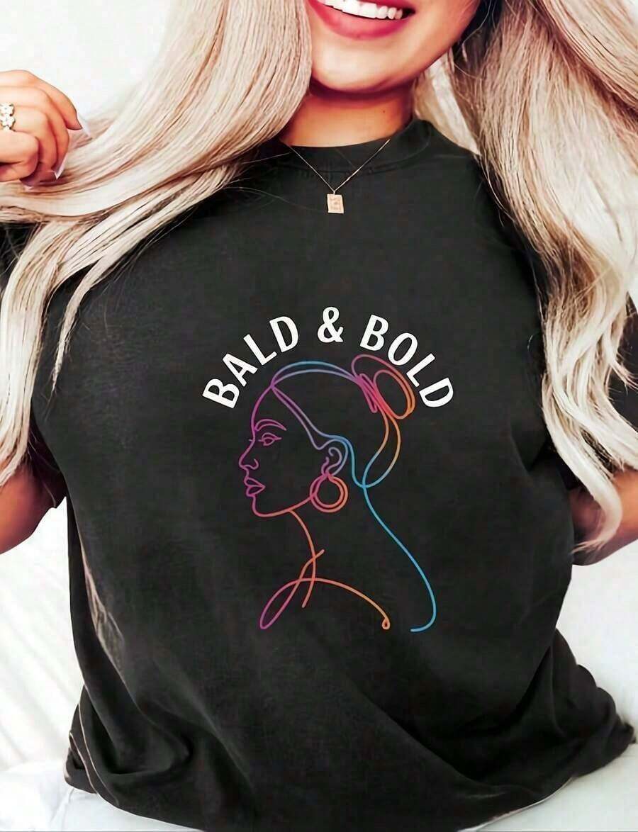 Long-Sleeved T-Shirt, 100% Cotton, 220g, Heavyweight, With A Print Of A Bald Black Afro Woman. Butterfly Print. Unisex Sizes. Inspirational Crew Neck T-Shirt. Cute And Beautiful Summer Top Inspired By Y2K Style, Perfect For Outdoor Activities, At Home, At Work, Or Street Style. Casual, Loose-Fitting T-Shirt For Everyday Wear. - 黑色 - 查看 1