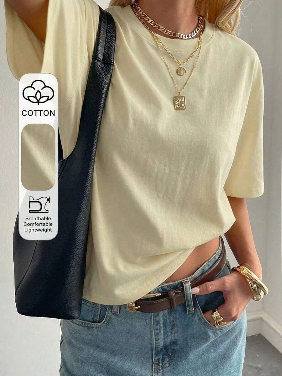 Blusa básica de manga corta, cuello redondo, corte holgado, para mujer, otoño/invierno - Amarillo - Ver 1