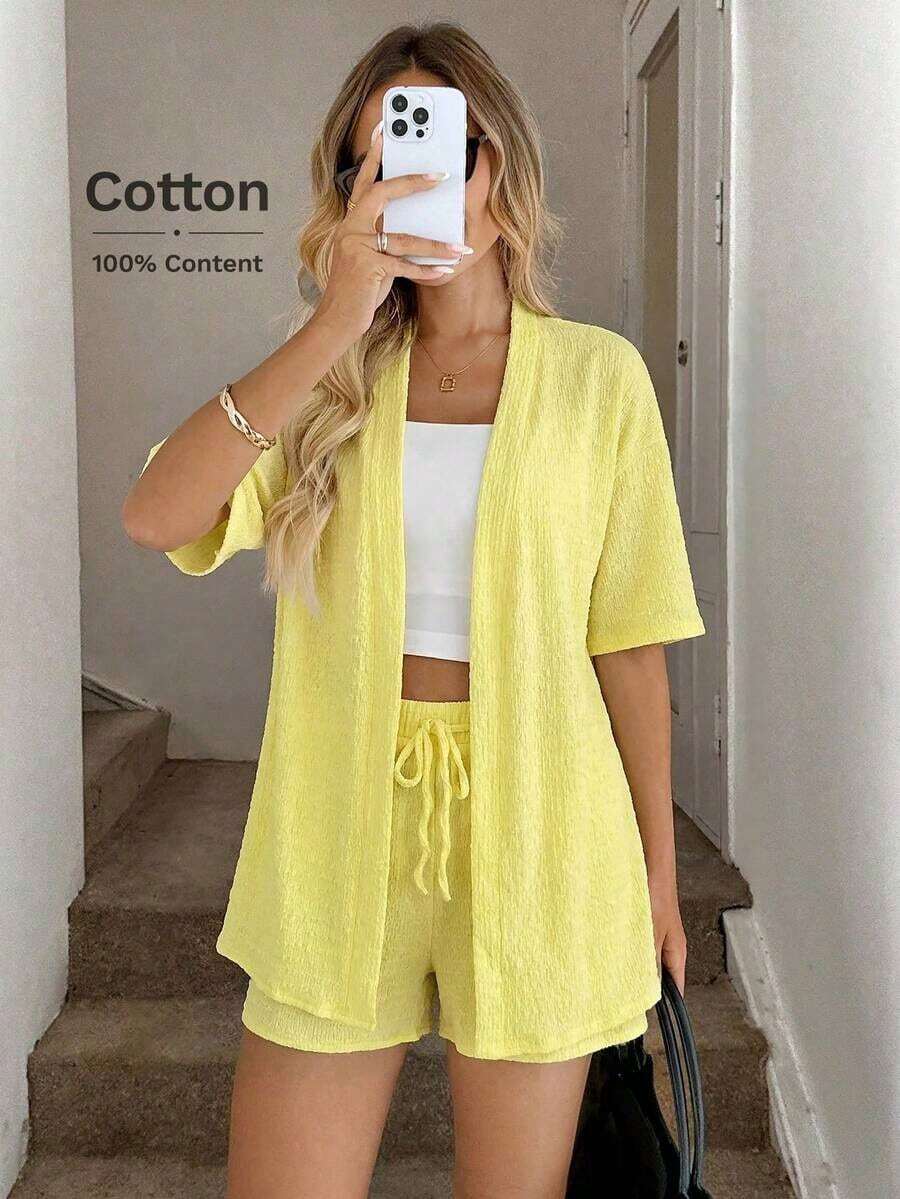 Conjunto de kimono de algodón blanco con arrugas + shorts, conjunto casual de vacaciones para primavera/verano - Amarillo - Ver 1