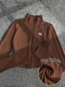 Chaqueta ligera con estampado de polo para mujer, abrigo casual de calle deportivo con cremallera, ajuste delgado de manga larga, otoño - Marrón - Ver 8