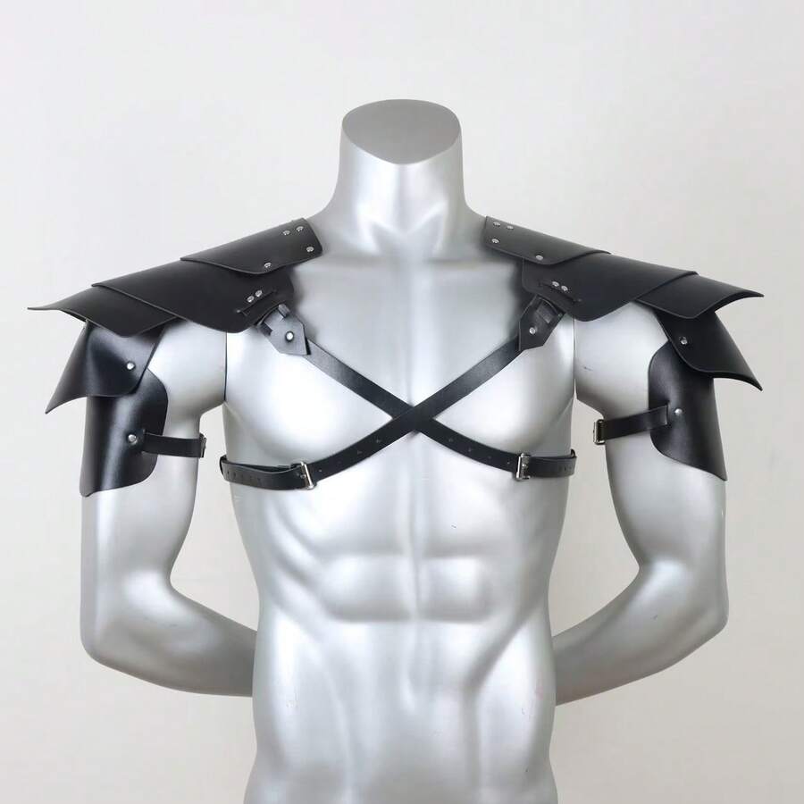 1件男士黑色真皮肩带腰带，万圣节服装配饰 - 黑色 - 查看 1