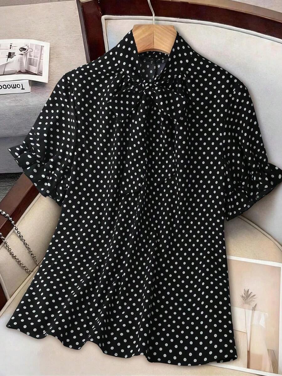 Blusa de manga corta holgada, casual, elegante, dulce y retro con estampado de lunares, cuello con volantes y talla grande para primavera/verano - Multicolor - Ver 1