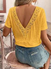 Top con espalda al descubierto y encaje entrelazado, camiseta, blanco imprescindible, conjunto de verano, imprescindible de la temporada de bodas, estilo francés - Amarillo - Ver 3