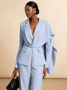 Conjunto casual de blazer y pantalones de unicolor con cuello entallado para ir al trabajo - Azul - Ver 3