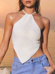Blusa de punto de mujer de verano con cuello halter, dobladillo asimétrico y unicolor - Beis - Ver 4