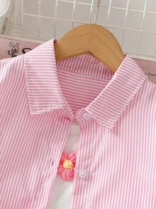 3件套女童幼儿碎花吊带条纹长袖上衣和裤子休闲套装，夏季 - 粉色 - 查看 3