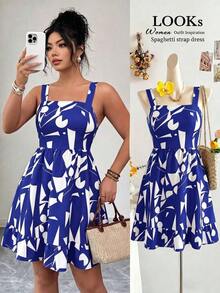 Vestido de talla grande con estampado, lazo en la cintura y decoración para mujeres de vacaciones - Azul - Ver 1