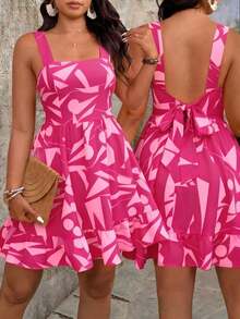 Vestido de talla grande con estampado, lazo en la cintura y decoración para mujeres de vacaciones - Rosa Fucsia - Ver 8