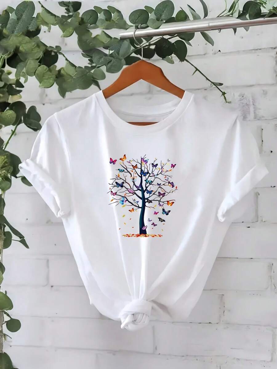 Limited Time Offer, Limited Quantities, Flash ! Women's Casual Shirts, Women's Polyester T-Shirts, Elegant Shirts. Women's Short-Sleeve Casual T-Shirt With Colorful Tree And Butterfly Print - The Perfect Choice For Spring And Summer - 白色 - 查看 1