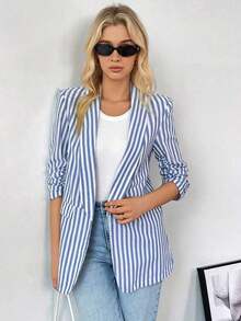 Blazer de solapa con cuello de chal, manga tres cuartos, fruncido, de estilo de dinero antiguo a rayas en blanco y negro, de lino, elegante y casual, de uso versátil, para mujer, ideal para negocios, profesores, Navidad y Año Nuevo - Azul y blanco - Ver 6