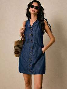 Vestido vaquero para mujer con bolsillos, abertura con botones de onda, vestido recto para mujer con cuello redondo, sin mangas, un solo botón, bolsillo, vestido azul de mezclilla para mujer, vestido azul marino, vestido estilo occidental para mujeres - Azul lavado medio - Ver 1