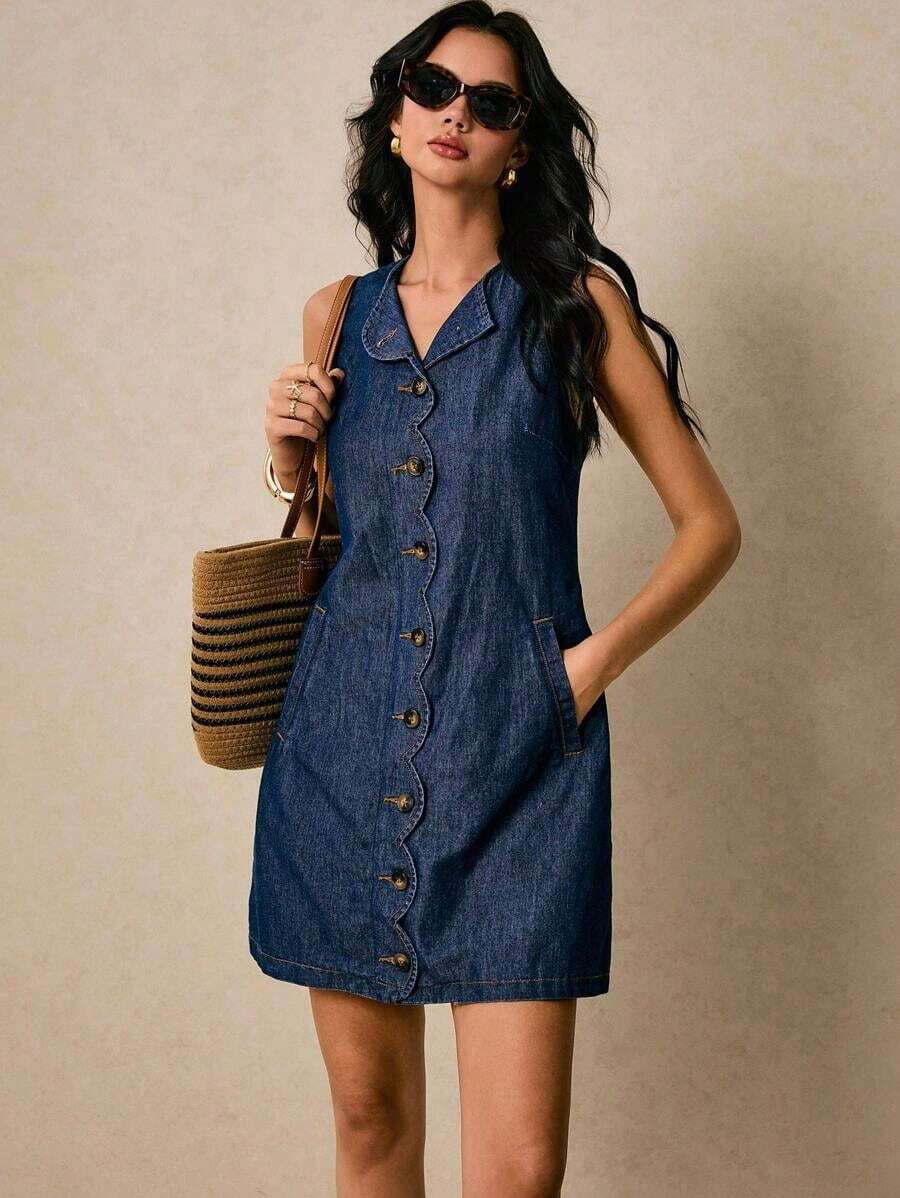 Vestido vaquero para mujer con bolsillos, abertura con botones de onda, vestido recto para mujer con cuello redondo, sin mangas, un solo botón, bolsillo, vestido azul de mezclilla para mujer, vestido azul marino, vestido estilo occidental para mujeres - Azul lavado medio - Ver 1