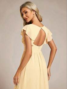 Vestido de dama de honor de gasa, diseño con escote en V plisado de manga corta, espalda abierta drapeada y bajo asimétrico, adecuado para bodas, uso vacacional, vestido de madre de la novia en primavera - Amarillo - Ver 3