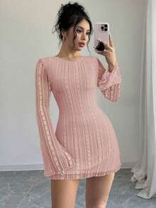 mini ajustado de encaje de estilo elegante, romántico y sexy para mujer, adecuado para fiestas, vacaciones, vuelta al colegio, citas románticas, bodas y cumpleaños - Manga larga - Rosa vieja - Ver 4