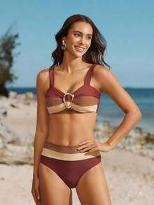 Conjunto de bikini con empalme y bloqueo de color, seductor y con Charm maduro - Multicolor 2 - Ver 4