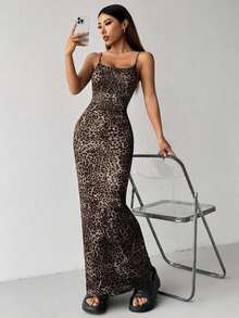 Vestido camiseta ajustado con estampado de leopardo de moda para mujer, para verano - Caqui - Ver 7