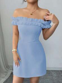Vestido romántico con hombros descubiertos y volantes en la cintura para mujeres - Azul - Ver 5