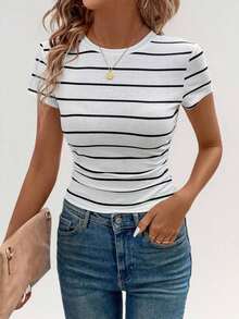 LUNE Conjunto deportivo de tiempo libre para atletismo, ciclismo, running, baloncesto - Camiseta casual cómoda de cuello redondo, ajustada, a rayas blancas y negras con recogido en la cintura, para mujer - Blanco y Negro - Ver 7