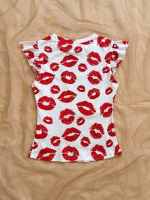 2 piezas Conjunto con Camiseta de Punto Blanco Acanalado con Volantes WYWH y Camiseta Sólida de Color Cereza, Estilo Bohemio, Boho, Floral Romántico, Vacaciones, Estilo Floral para Fiesta, Cita, Día de San Valentín, Pascua, Carnaval, Té de la Tarde - Multicolor 3 - Ver 2