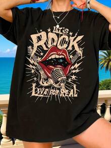 1 Piece Unisex Loose Fit T-Shirt 180g 100% Pure Cotton, Unique T-Shirt With Y2K Design Featuring A Vibrant Rock Graphic With Lips And A Microphone, Ideal For Lovers Of Retro And Urban Style. Perfect For Your Everyday Look, Join The Movement And Express Yourself With This Unique Piece. - 黑色 - 查看 1