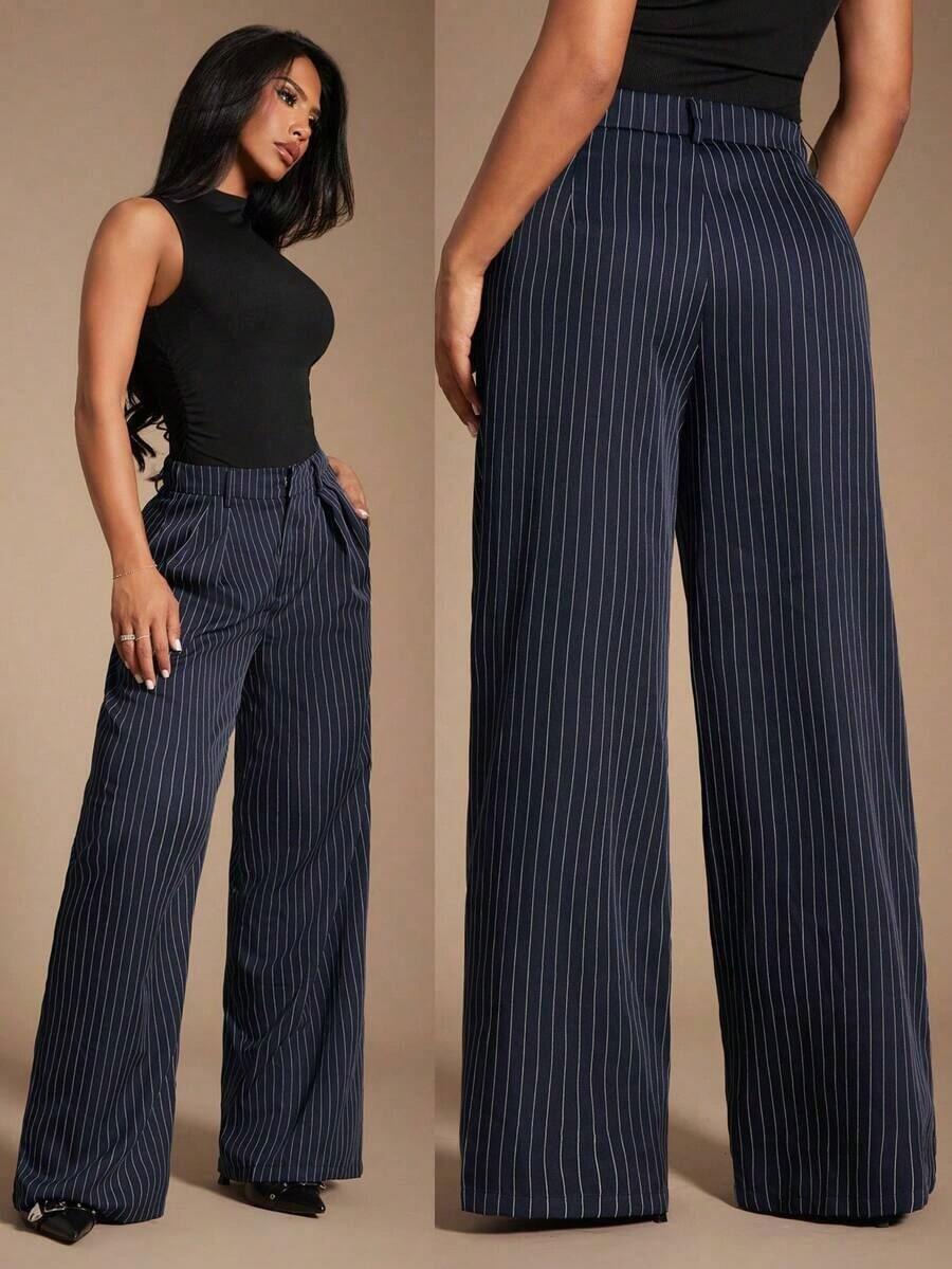 Pantalones de traje azul marino a rayas de estilo minimalista y moderno para mujer, pantalones de cintura alta, pantalones azules, pantalones a rayas, pantalones anchos de pierna ancha, pantalones casuales, pantalones de negocios, adecuados para s - Azul - Ver 1