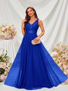 Vestido de dama de honor formal de línea A con escote en V sin mangas, bordado y de malla, vestido de fiesta elegante, vestido de invitado de boda formal, vestido de ceremonia de graduación, vestido de noche de primavera - azul real - Ver 8