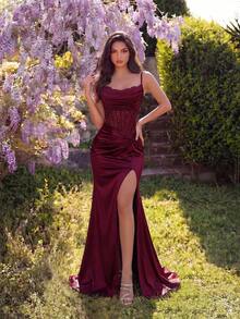 Vestido maxi elegante con encaje, parches, cintura alta, plisado, abertura y espalda descubierta, adecuado para graduación, baile de graduación, fiesta de cumpleaños, cena formal, regreso a casa, invitado de boda, ocasión formal, Día de San Valentín - Burdeos - Ver 5