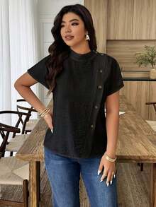 Weeklong Camisa suelta con botones y bordado de ojetes asimétrico, atuendo casual para diario/vacaciones, ropa de oficina - Negro - Ver 4
