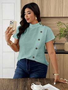 Weeklong Camisa suelta con botones y bordado de ojetes asimétrico, atuendo casual para diario/vacaciones, ropa de oficina - verde menta - Ver 5