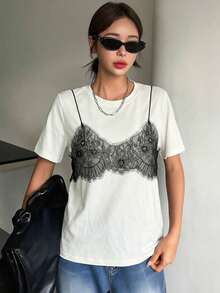 Camiseta de manga corta de verano de 2 en 1 con bloque de color y ribete de encaje para mujer - Blanco - Ver 4