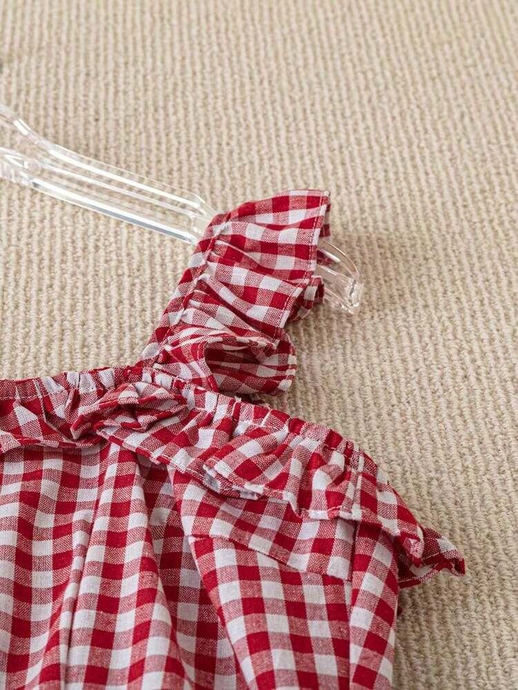 Vestido casual de verano entallado con tirantes finos y corte en A hasta la pantorrilla, en tela a cuadros rojos, para primavera/verano - Rojo y blanco - Añade 3